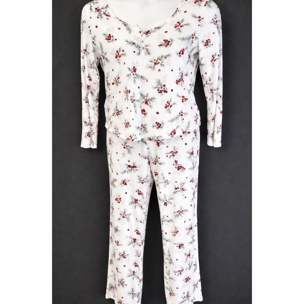 Laura Ashley size L pajama set pants and long sleeve red/white/green winter rib